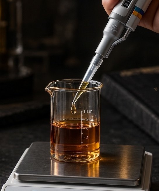 A pipette dispensing fragrance concentrate into a beaker on a precision scale